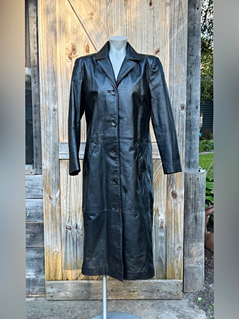 Vintage Jacqueline Ferrar Womens Long Black Leather Trench Coat~M~